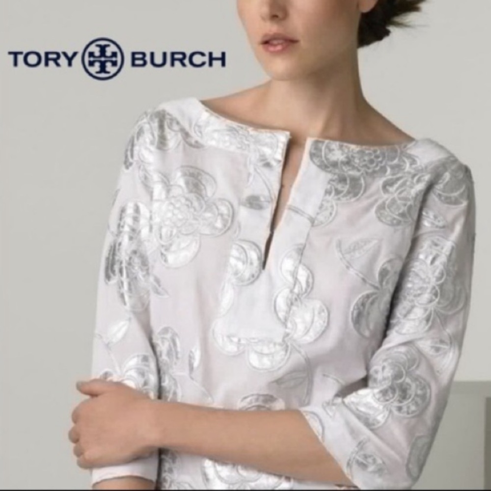 Tory Burch Rochelle Elegant Silver White Floral Women's Top